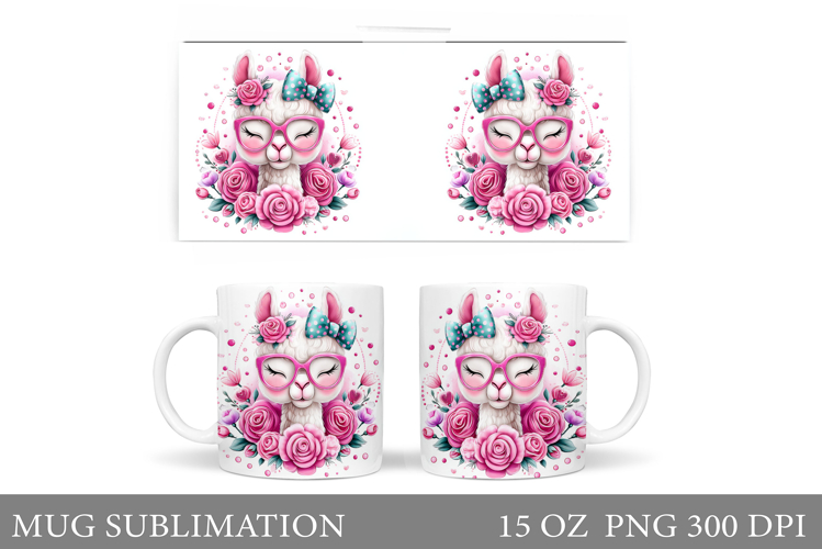 Cute Lama Mug Design. Lama Flowers Mug Sublimation