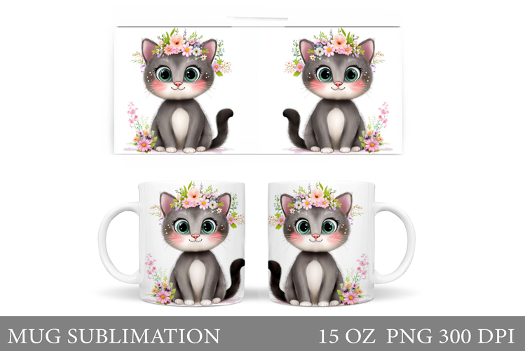Cute Cat Mug Sublimation. Cat Flowers Mug Design