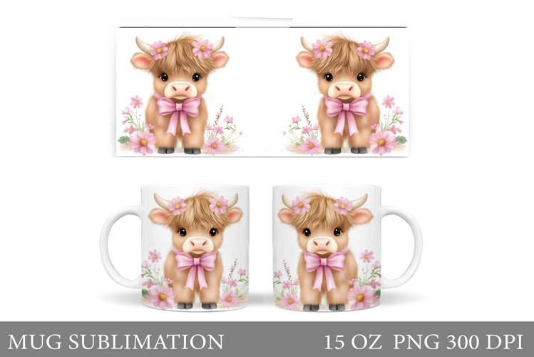 Highland Cow Mug Sublimation. Cow Flowers Mug Wrap Design