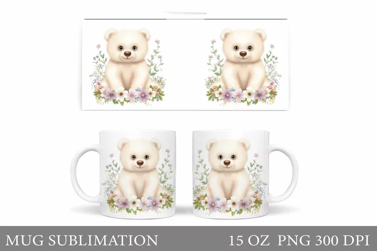 Cute Bear Mug Design. Bear Flowers Mug Sublimation