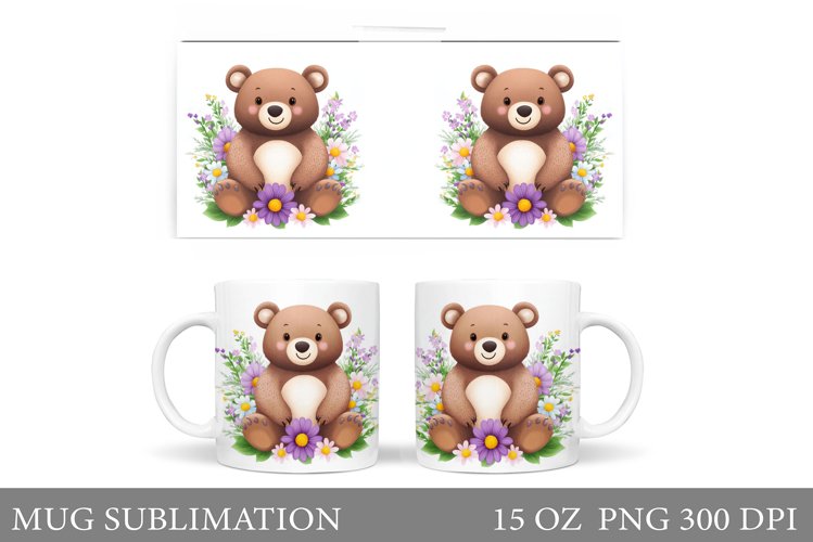 Cute Bear Mug Sublimation. Bear Flowers Mug Design