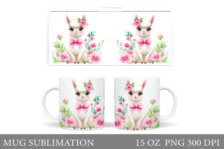 Cute Lama Mug Design. Lama Flowers Mug Sublimation