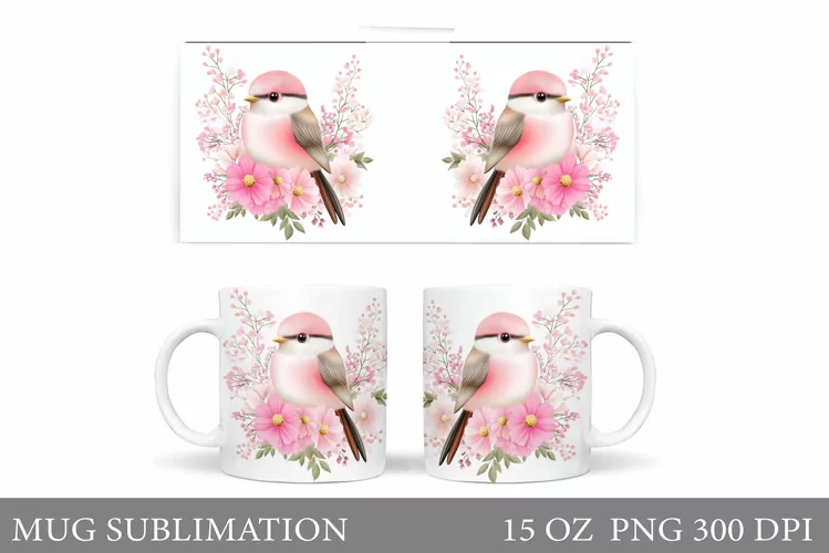 Cute Bird Mug Design. Bird Flowers Mug Sublimation