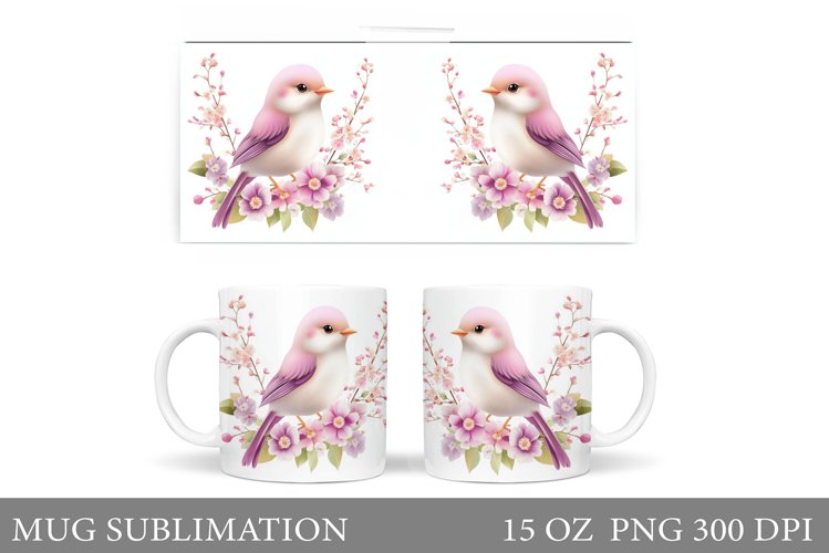 Cute Bird Mug Design. Bird Flowers Mug Sublimation