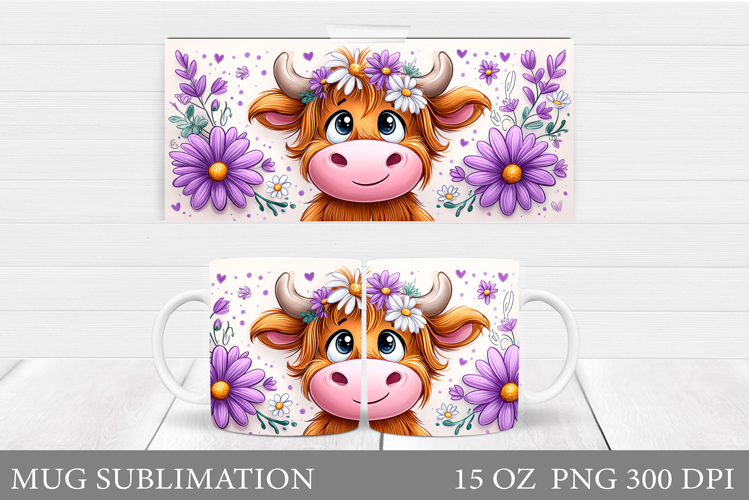 Cute Cow Mug Sublimation. Cow Flowers Mug Wrap Design