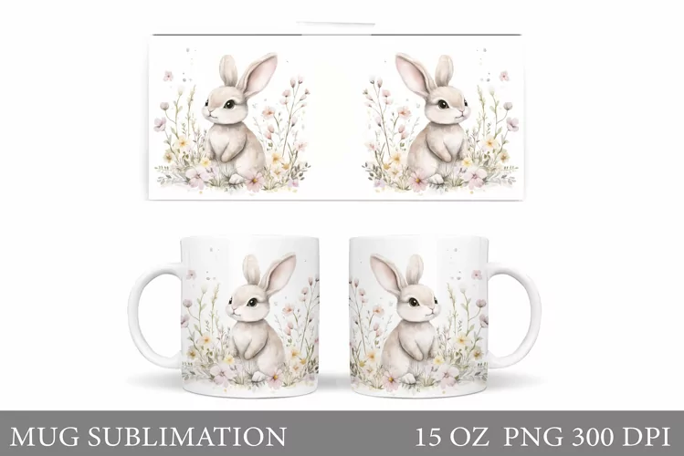 Cute Bunny Mug Wrap. Bunny Flowers Mug Design