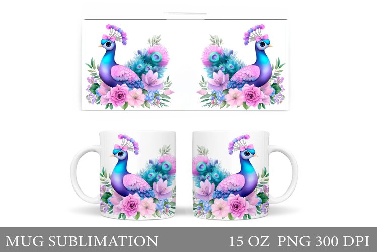 Cute Peacock Mug Sublimation. Peacock Flowers Mug Design example image 1