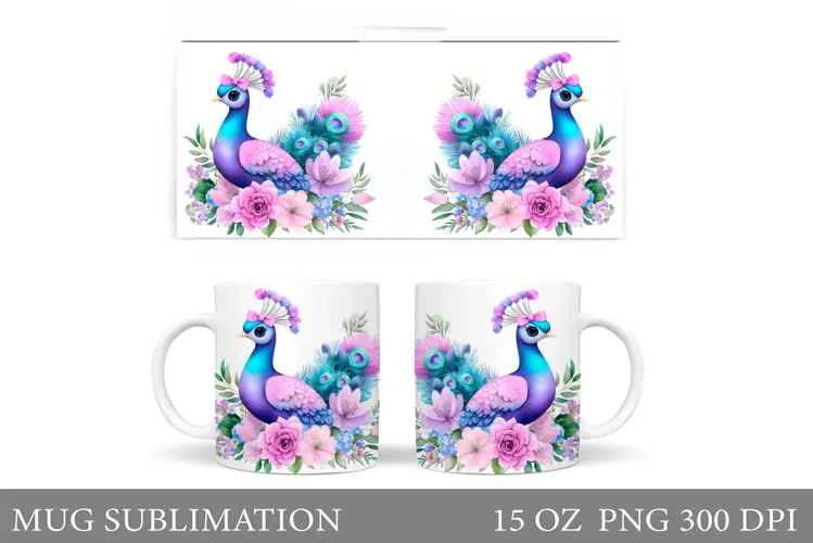 Cute Peacock Mug Sublimation. Peacock Flowers Mug Design