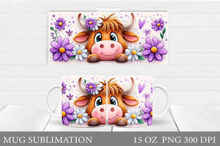 Cute Cow Mug Sublimation. Cow Flowers Mug Wrap Design