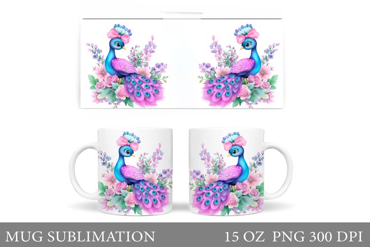 Cute Peacock Mug Sublimation. Peacock Flowers Mug Design example image 1