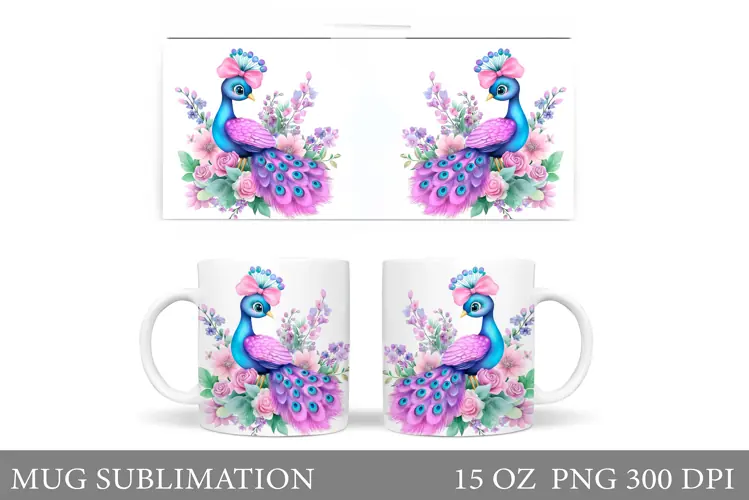 Cute Peacock Mug Sublimation. Peacock Flowers Mug Design