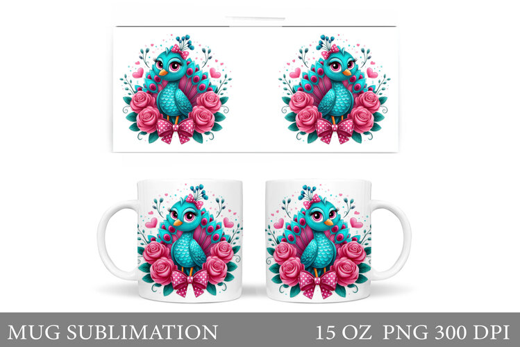 Cute Peacock Mug Sublimation. Peacock Flowers Mug Design example image 1