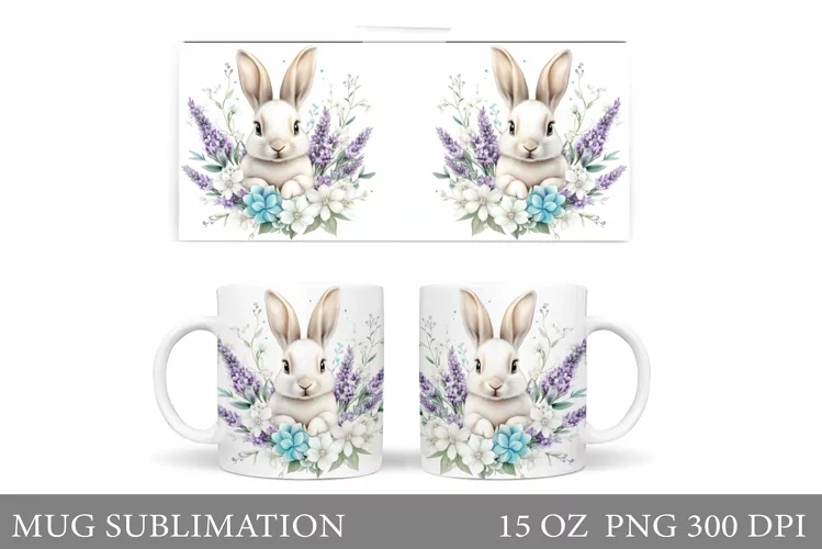 Cute Bunny Mug Design. Bunny Flowers Mug Sublimation