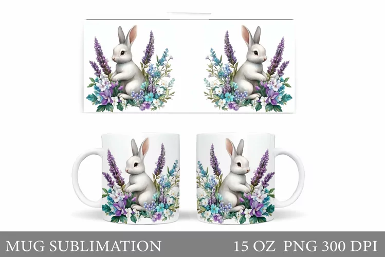 Cute Bunny Mug Wrap. Bunny Flowers Mug Design