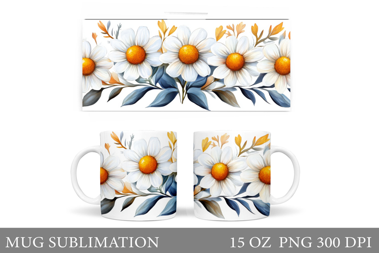 Flowers Mug Sublimation. Daisy Flowers Mug Wrap Design