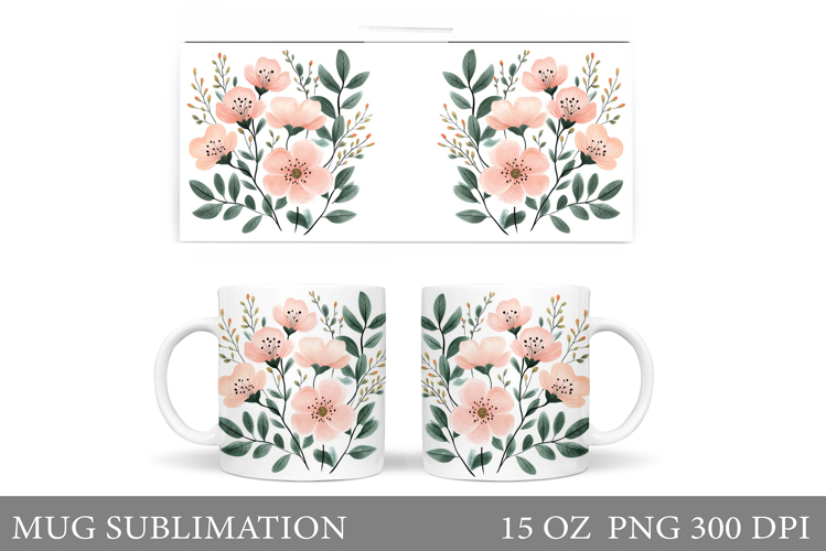 Flowers Mug Sublimation. Floral Mug Wrap Design