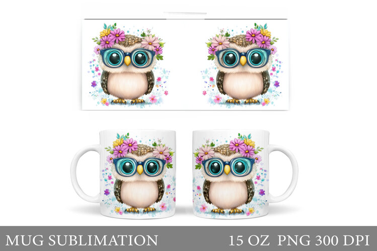Cute Owl Mug Sublimation. Owl Flowers Mug Design example image 1