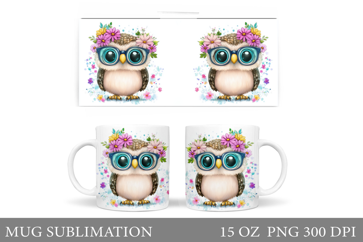 Cute Owl Mug Sublimation. Owl Flowers Mug Design