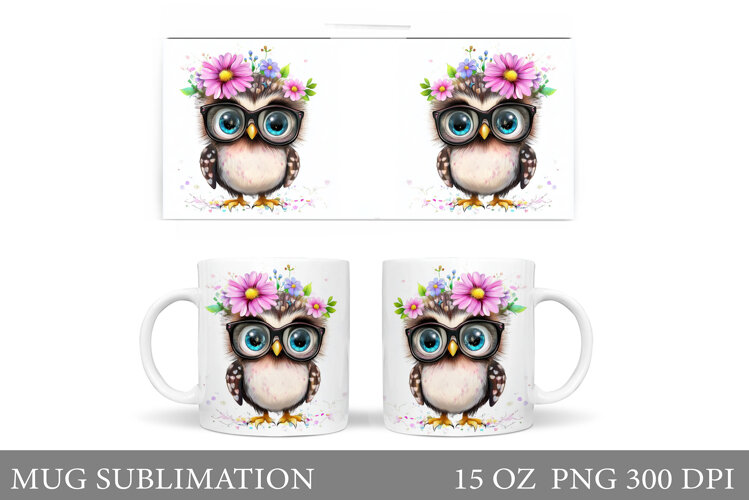 Cute Owl Mug Sublimation. Owl Flowers Mug Design example image 1