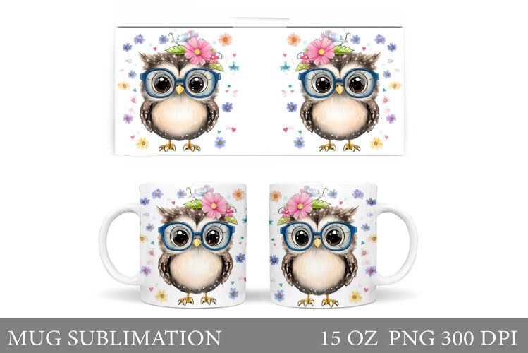 Cute Owl Mug Sublimation. Owl Flowers Mug Design example image 1