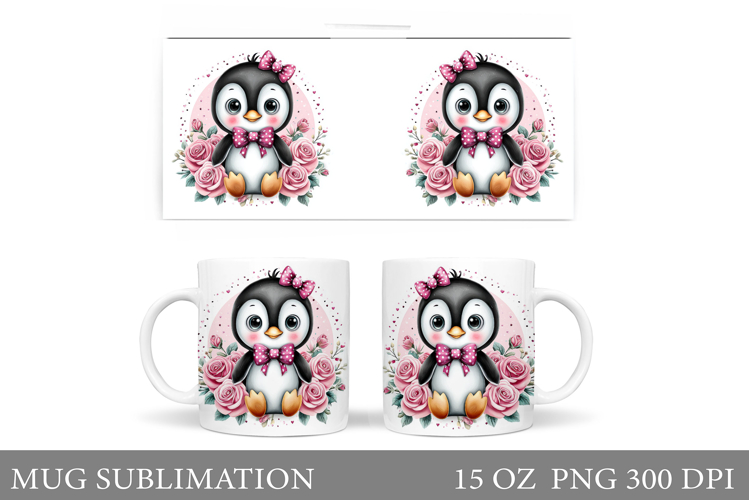 Cute Penguin Mug Design. Penguin Flowers Mug Sublimation