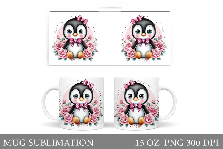 Cute Penguin Mug Design. Penguin Flowers Mug Sublimation
