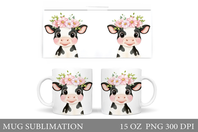 Cute Cow Mug Sublimation. Cow Flowers Mug Wrap Design