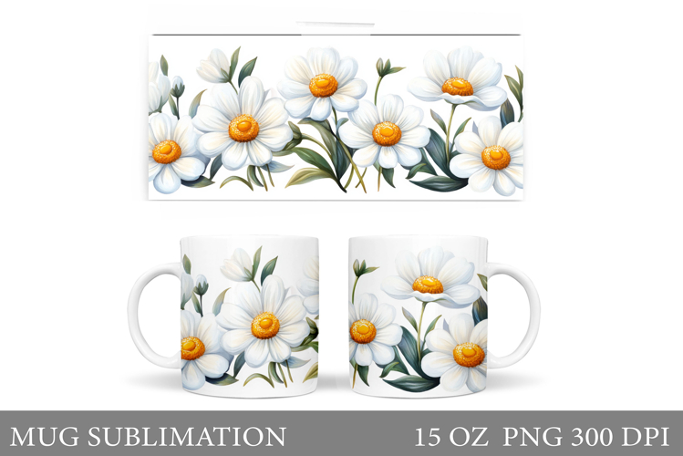 Daisy Flowers Mug Sublimation. Flowers Mug Wrap Design