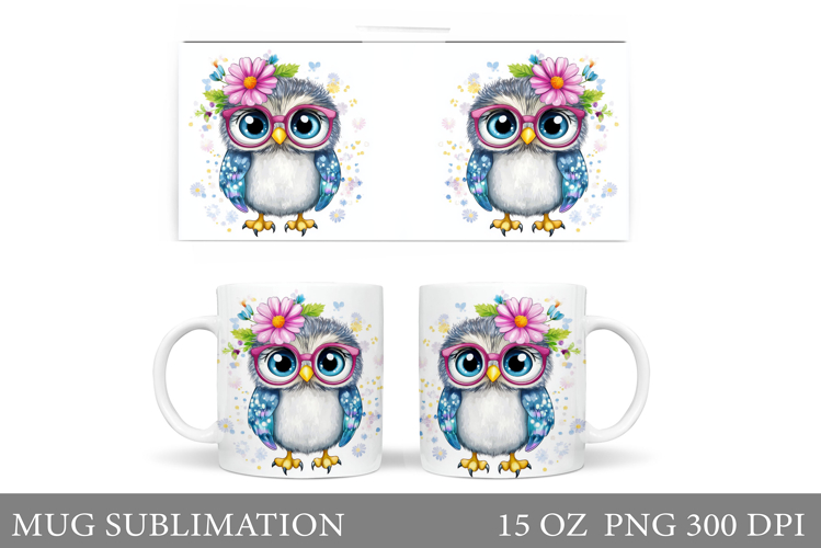 Cute Owl Mug Sublimation. Owl Flowers Mug Design