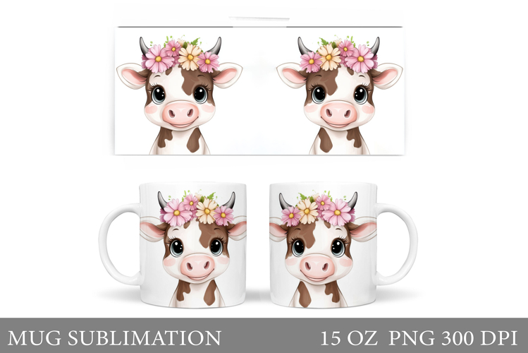 Cute Cow Mug Sublimation. Cow Flowers Mug Wrap Design