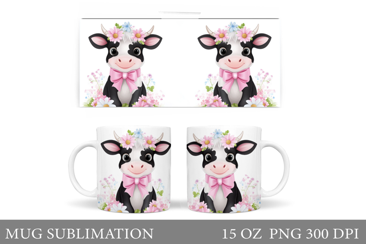 Cute Cow Mug Sublimation. Cow Flowers Mug Wrap Design