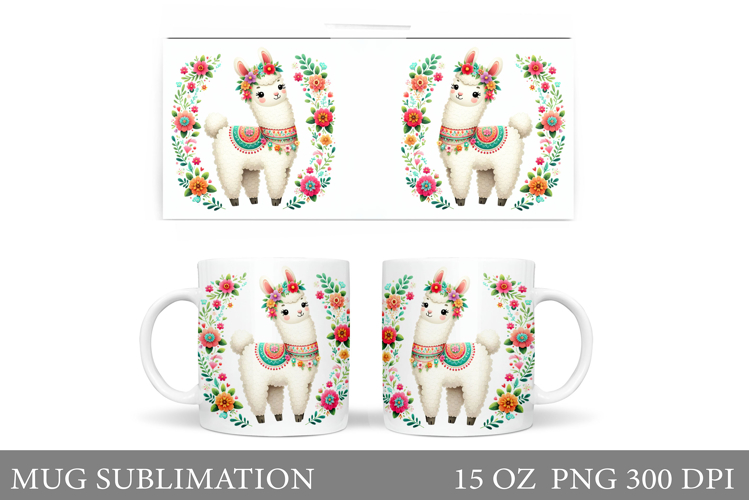 Cute Lama Mug Design. Lama Flowers Mug Sublimation