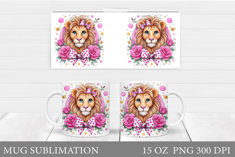 Cute Lion Mug Sublimation. Lion Flowers Mug Design