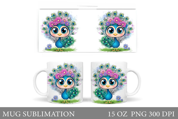 Cute Peacock Mug Sublimation. Peacock Flowers Mug Design example image 1