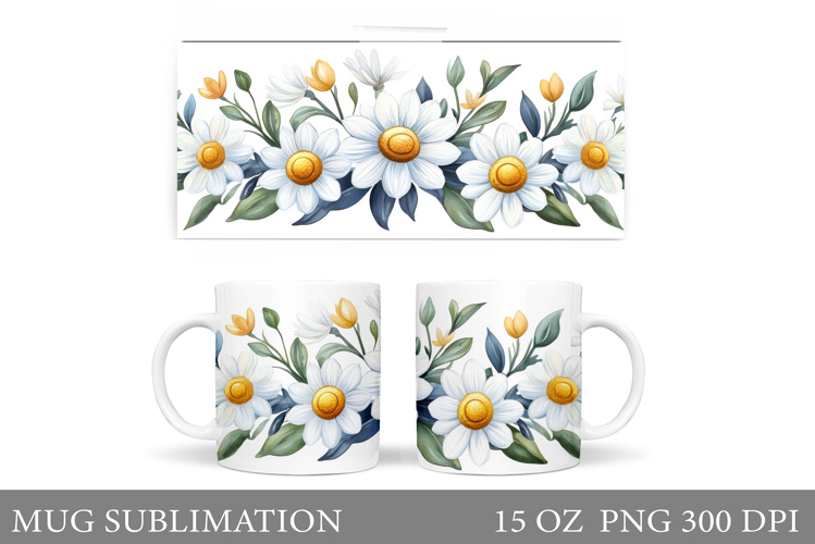 Daisy Flowers Mug Sublimation. Flowers Mug Wrap Design