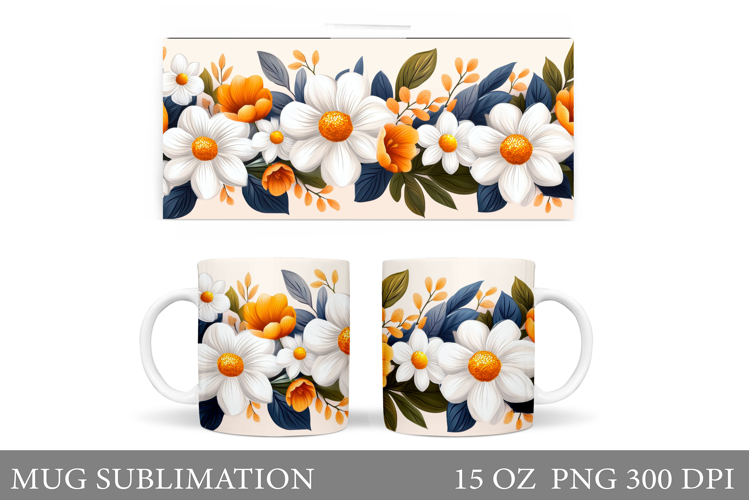 Daisy Flowers Mug Sublimation. Flowers Mug Wrap Design