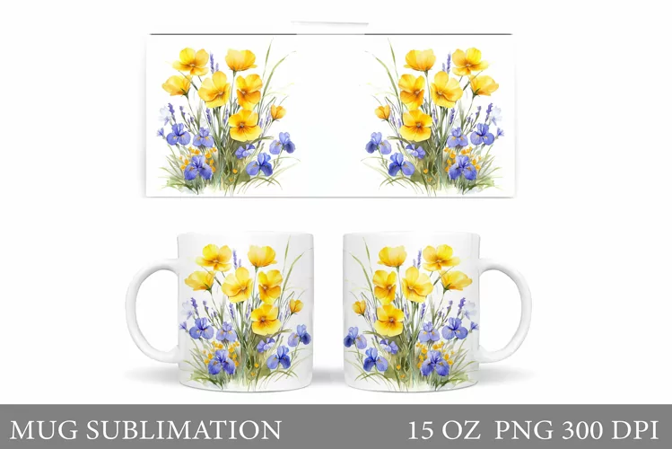 Flowers Mug Wrap Design. Wildflowers Mug Sublimation