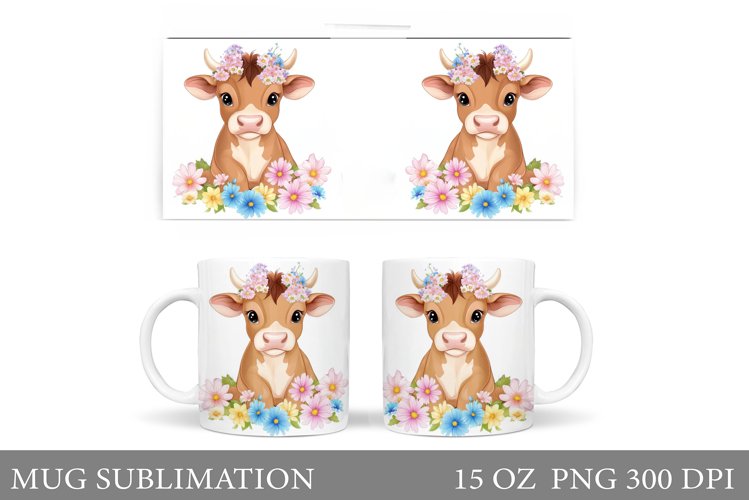 Cute Cow Mug Sublimation. Cow Flowers Mug Wrap Design example image 1
