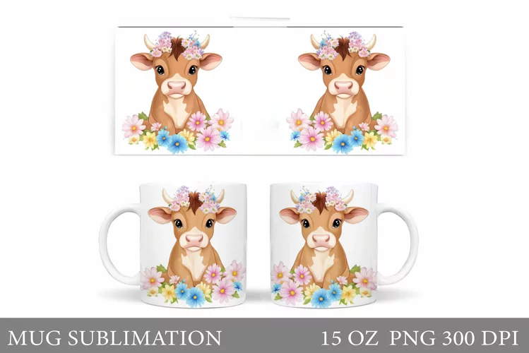 Cute Cow Mug Sublimation. Cow Flowers Mug Wrap Design