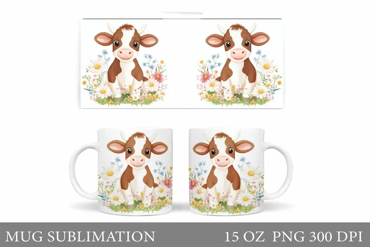 Cute Cow Mug Sublimation. Cow Flowers Mug Wrap Design