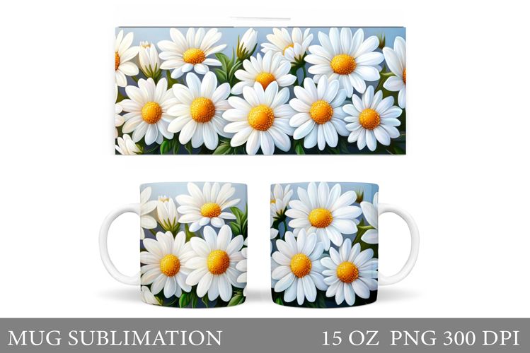 Flowers Mug Sublimation. Daisy Flowers Mug Wrap Design