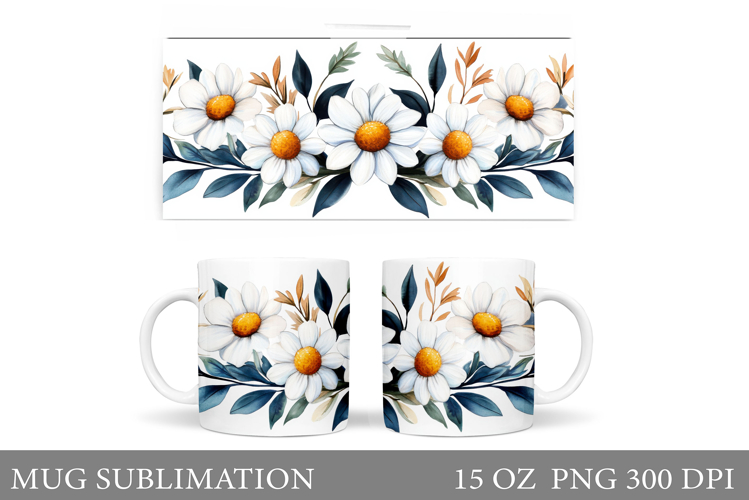 Daisy Flowers Mug Sublimation. Flowers Mug Wrap Design
