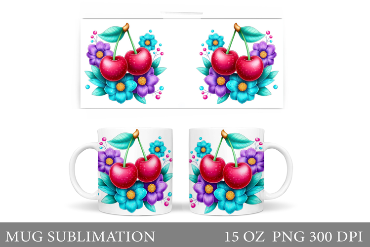 Cherry Mug Sublimation. Berries Mug Wrap Design