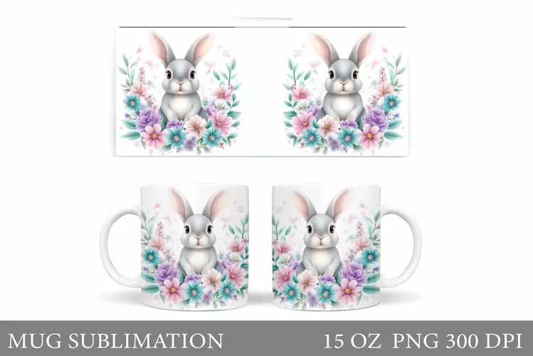 Cute Bunny Mug Design. Bunny Flowers Mug Sublimation