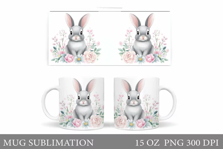 Cute Bunny Mug Wrap. Bunny Flowers Mug Design