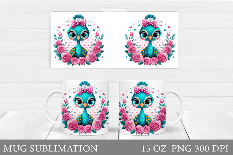 Cute Peacock Mug Sublimation. Peacock Flowers Mug Design example image 1