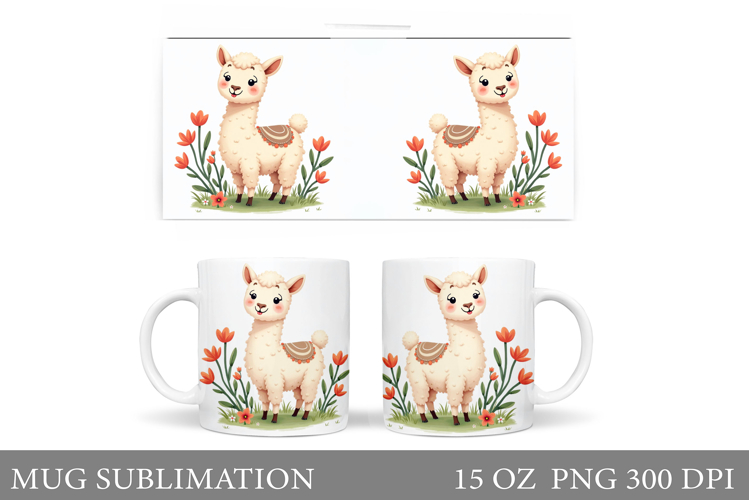 Cute Lama Mug Design. Lama Flowers Mug Sublimation