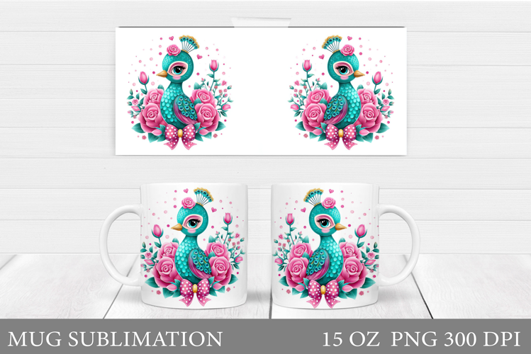 Cute Peacock Mug Sublimation. Peacock Flowers Mug Design