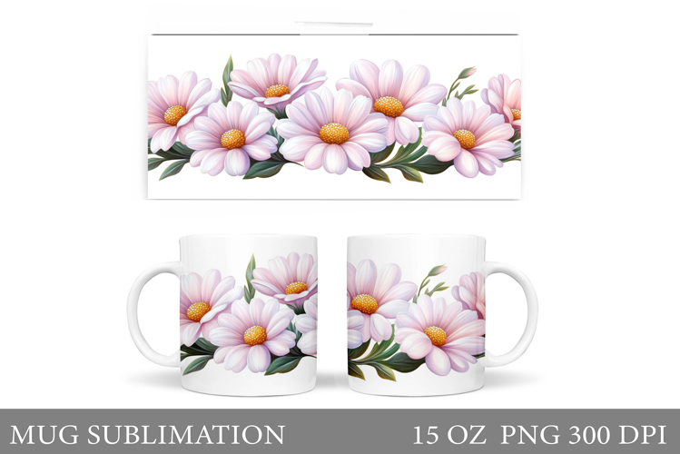 Flowers Mug Sublimation. Daisy Flowers Mug Wrap Design