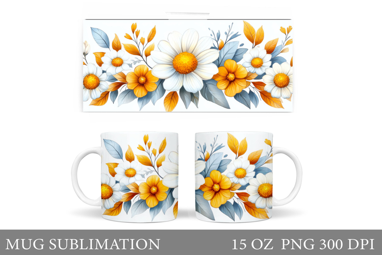 Flowers Mug Sublimation. Daisy Flowers Mug Wrap Design
